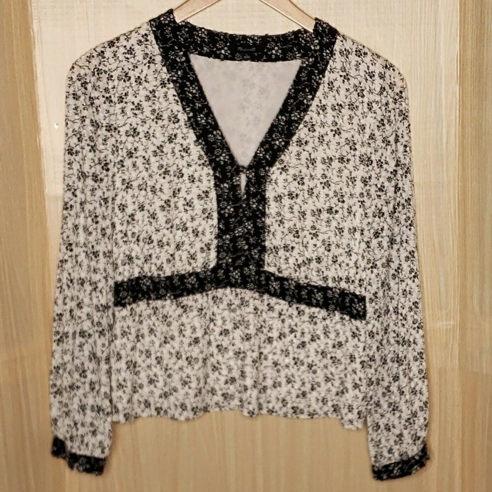 Madewell Womens Black White Floral Textured Long Sleeve Blouse Large
